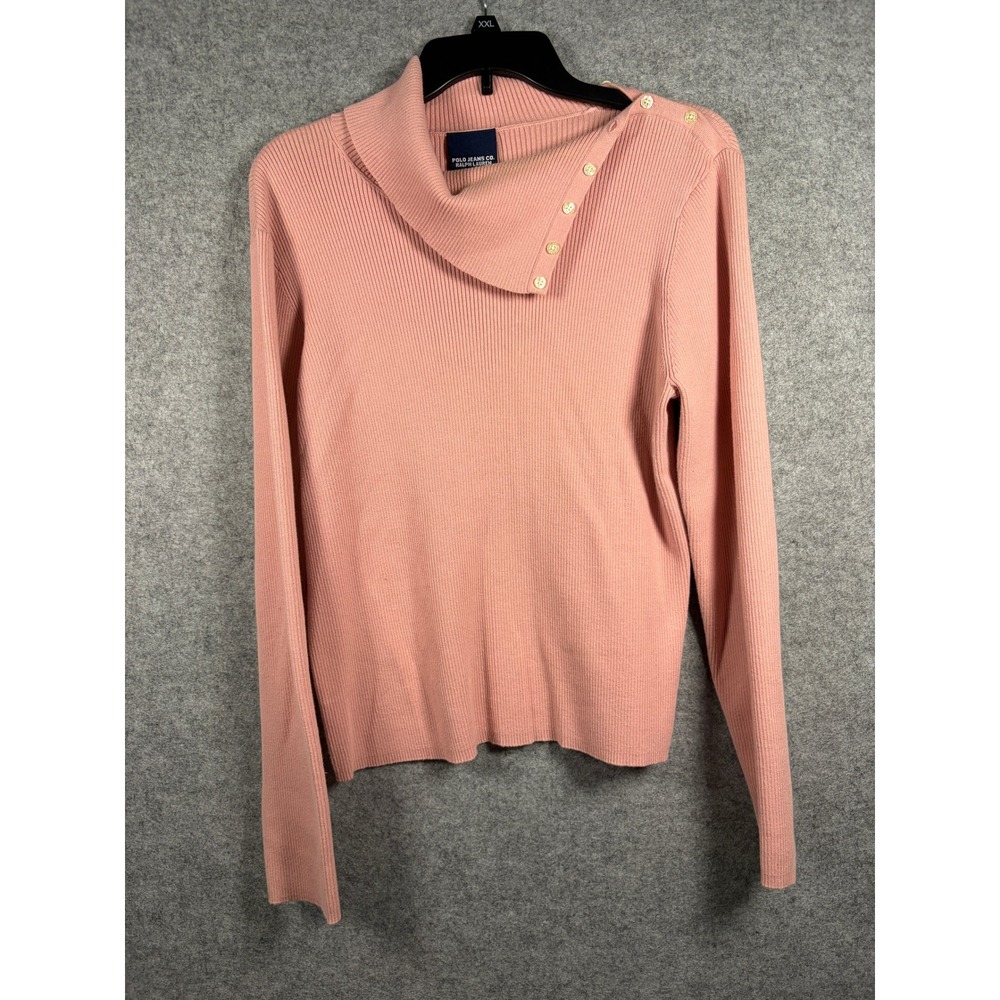 Polo Jeans Co Ralph Lauren Pink Ribbed Button Collar Sweater XL Cowl Neck
